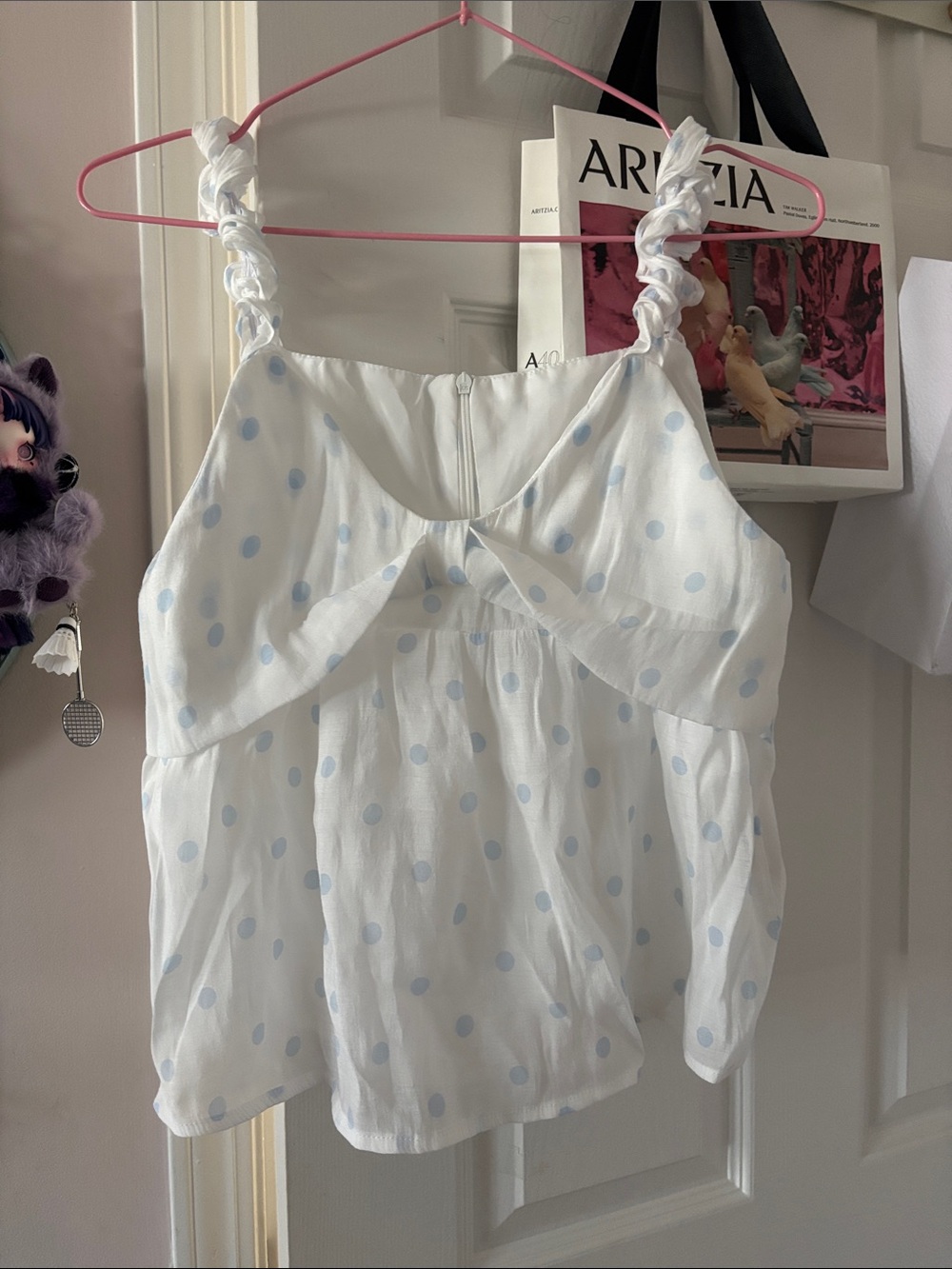 White & Light Blue Polka Dot Ruffle Strap Tank Top